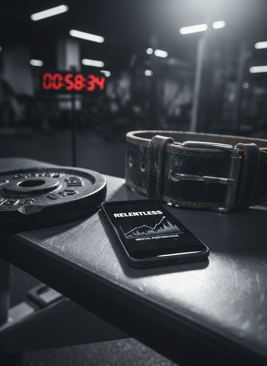 A matte black smartphone lying on a brushed steel gym bench, its screen glowing with a stark white interface that reads “Relentless” in bold, angular typography above a graph of rising mental performance metrics. Around the phone are a scuffed weight plate, a chalked lifting belt, and a timer clock in the distant blur. Harsh overhead gym lighting creates sharp reflections on the metal and a dramatic halo on the screen, casting deep shadows that emphasize grit and intensity. Photographic realism, shot from a low, close angle with shallow depth of field, the composition centered on the screen as the undeniable focal point, conveying a bold, no-excuses atmosphere.