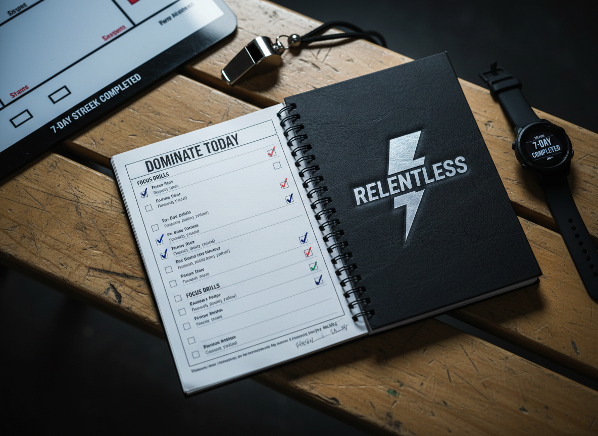 An overhead photographic shot of a rugged, spiral-bound mental performance playbook, its black cover embossed with a metallic silver lightning bolt and the word “Relentless.” The notebook is open to a page filled with printed focus drills, color-coded checkboxes, and a bold header reading “DOMINATE TODAY.” It lies on a scarred wooden locker room bench, surrounded by a whistle, a laminated game strategy board, and a digital device showing a completed streak of training days. Cool, focused overhead lighting creates crisp shadows and subtle paper texture, while the background softly blurs at the edges. The mood is intensely organized and purposeful, merging old-school grit with modern precision in photographic realism.