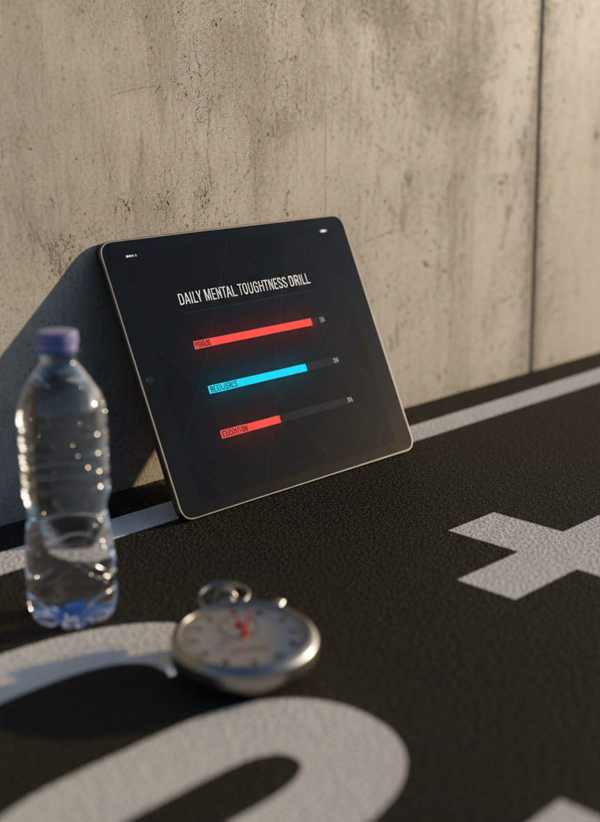 A sleek tablet propped against a concrete wall, displaying a minimalist daily mental toughness drill with progress bars in vivid neon red and electric blue against a dark interface. The tablet rests on a rubberized track surface with lane markings cutting diagonally through the frame. A stopwatch and a lone, sweat-covered water bottle sit out of focus in the foreground. Late-afternoon stadium lights pour in from the side, casting long, aggressive shadows and crisp highlights along the tablet’s edges. Photographic realism with a rule-of-thirds composition, slightly elevated angle, and strong contrast, creating a determined, high-stakes mood that feels built for elite competitors.