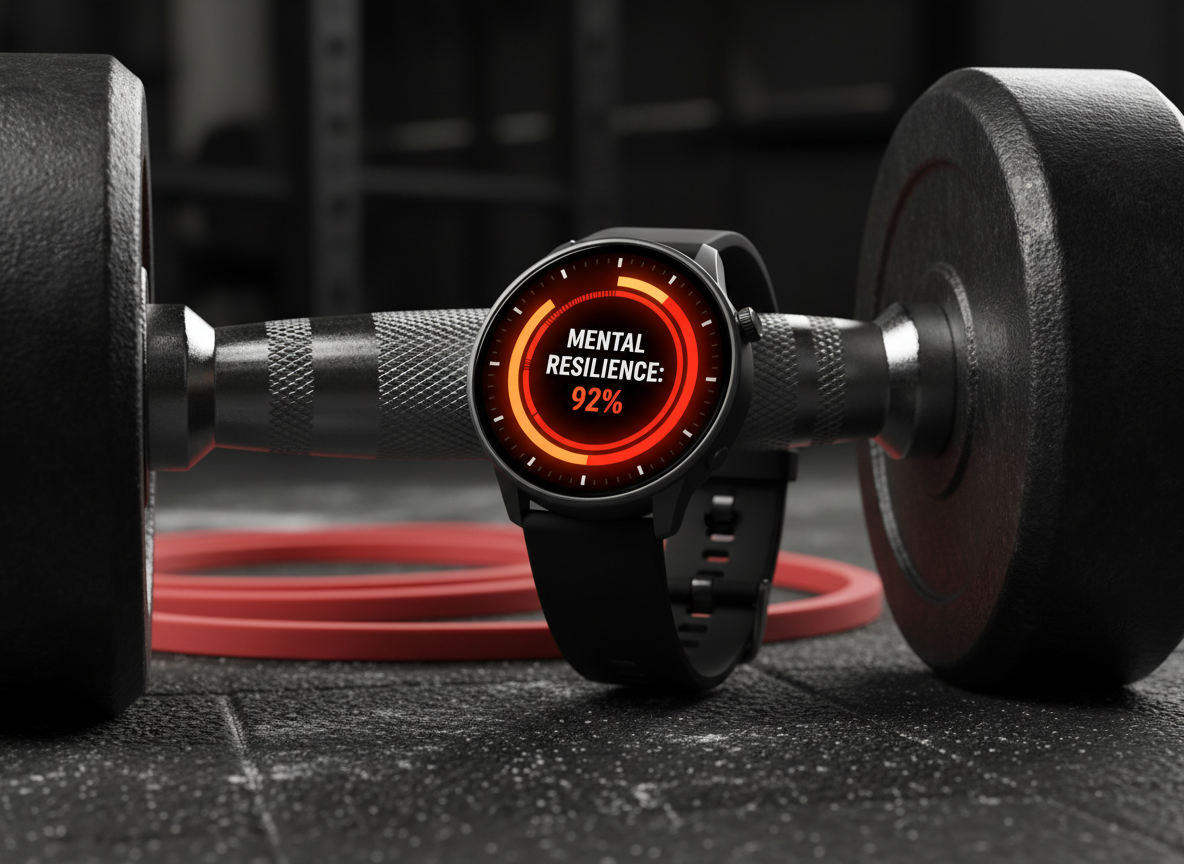 A close-up, side-angled photographic view of a matte-black smartwatch strapped around a heavy metal dumbbell handle, its round display filled with a bright, fiery progress ring labeled “Mental Resilience: 92%.” The dumbbell rests on a rough rubber gym floor dusted lightly with chalk, with a bold red resistance band coiled nearby fading into bokeh. Directional studio lighting from the right carves sharp highlights on the metal and watch face, leaving the far side in deep shadow, creating a high-contrast, dramatic look. Composed using the rule of thirds, the watch face sits slightly off-center, crystal-clear against a blurred, industrial background, embodying a futuristic, no-compromise performance aesthetic.